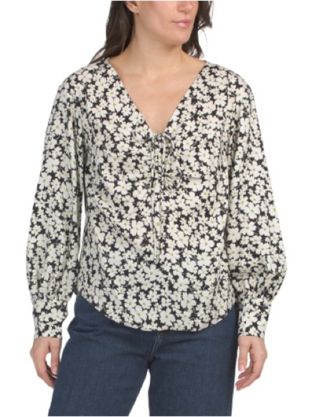 Rebecca Taylor Black & White Floral Lace-Up V-Neck Blouse